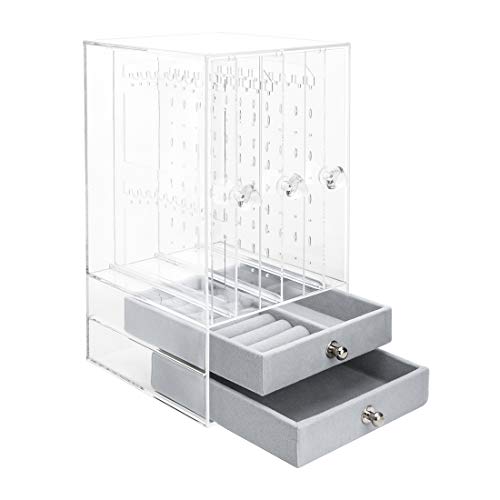  Organizador de joyas con 3 cajones, caja de joyería acrílica,  aretes, anillos, collares, pulseras, caja de exhibición, regalo para  mujeres y niñas, soporte para aretes, divisores de almacenamiento sin polvo  para organización, pantalla transparente