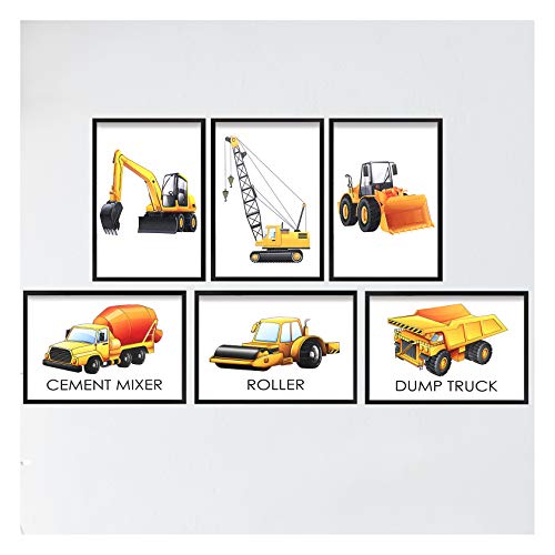 Póster infantil Yosemy, juego de 6 decoraciones para niños, bulldozer, grúa, rodillo, batidora de cemento, camión de dump truck A4, decoración de pared para bebés sin marco.