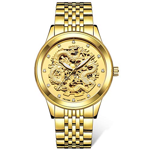 QZPM Relojes para Hombre Reloj de dragón Dorado mecánico automático de Acero Inoxidable Resistente al Agua,Golden Double Dragon