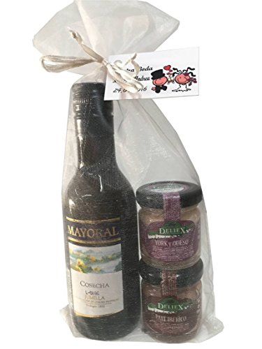 Regalo de vino Jumilla Mayoral Cosecha con 2 tarritos de paté de sabores: ibérico, y de york y queso, en bolsa de organza para eventos (Pack 24 ud)