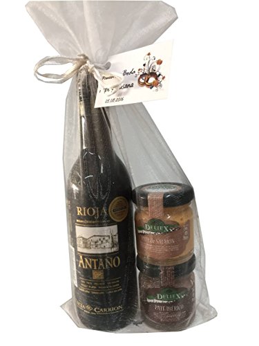 Regalo de vino Rioja Cosecha Antaño con 2 tarritos de patés de sabor variado (paté ibérico y paté de salmón) para celebraciones (Pack 24 ud)