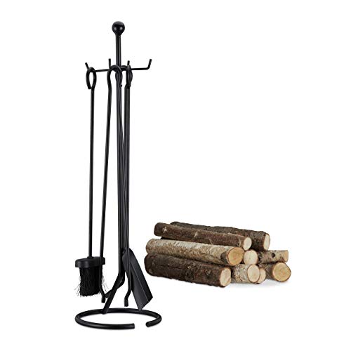 Relaxdays Juego de Utensilios de Chimenea Con Soporte, Negro, 20x20x68 cm, 10022293