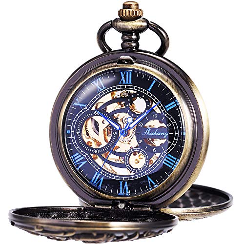 Reloj de Bolsillo - Dream Dragon ManChDa mecánico Skeleton Dial Negro Bronce Caja Doble con Cadena + Caja de Regalo (1. Bronce)