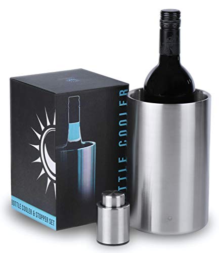 SANNMUUN Enfriador de vino y champán, de acero inoxidable, doble pared, también como recipiente para hielo para cubitos de hielo y cerveza, con cierre de botella al vacío