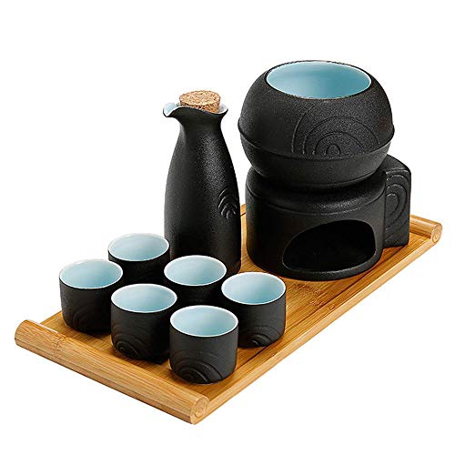 SCJ Juego de ollas de Sake de 10 Piezas de cerámica, Juego de Sake de cerámica Japonesa cálida, Material de cerámica, 6 Tazas de Sake, 1 Olla de Sake, 1 Olla de Vino Caliente, 1 Estufa de calefa