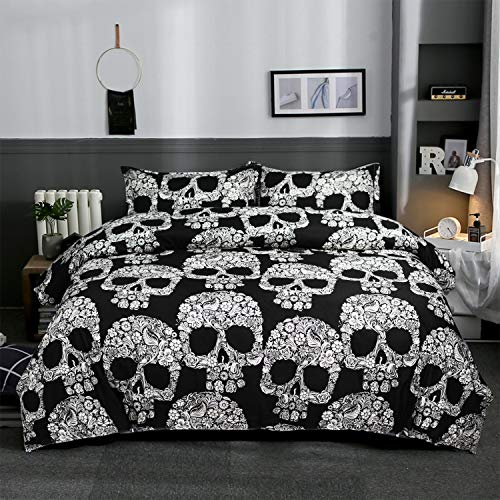 Seepong Juego de Cama Negro Juego de Funda nórdica 100% poliéster Juego de edredón Calavera 3 Piezas(1 Funda nórdica 260x220cm 2 Almohadas 50x75cm)