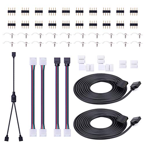 SIGHTLING Tira de luces LED Conector para 5050 10 mm 4 pines, incluye Cable divisor de 2 vías, Cable de extensión, Conectores en forma de L, 10mm Puentes de tira, 4 Pin Masculino Conectores