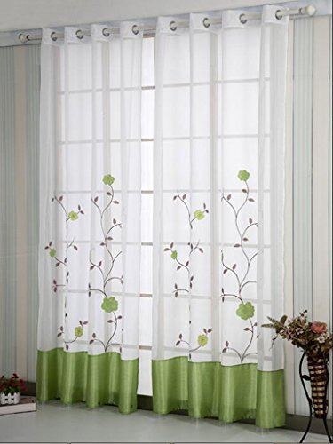 SIMPVALE 1 Pieza Cortinas Visillos Bordado Floral para Balcon, Salón, Habitación, Dormitorio y Cámara, Anchura 140 cm, Verde, Altura 145cm