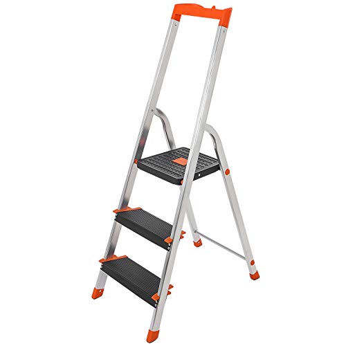 SONGMICS Escalera de 3 Peldaños, Escalera de Aluminio Plegable, Peldaños de 12 cm de Ancho con Ranuras, Pies Antideslizantes, Pasamanos, Portaherramientas, Carga 150 kg, TÜV Rheinland, Plata GLT03BK