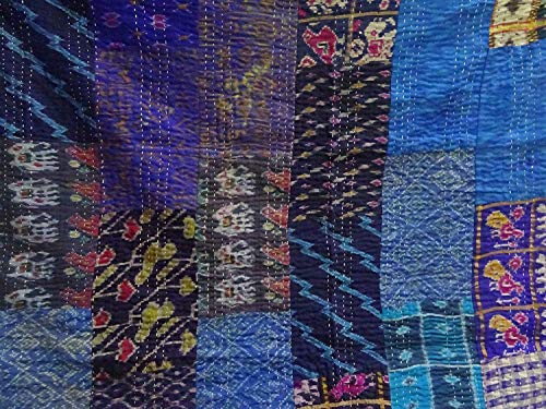 Sophia-Art Twin/King Indian Saree de Seda Kantha Colcha Funda de Cama Manta étnica Patchwork Acolchado Funda de edredón Indio Old Bohemian Vintage Patola Edredón (Blue, King 90" x 108")