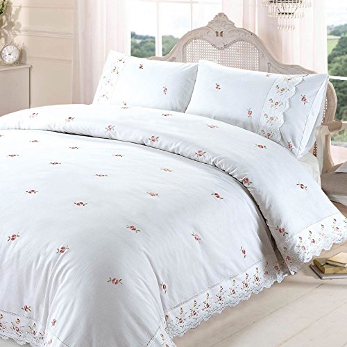 SOPHIE Floral Encaje Bordado edredón Juego de Ropa de Cama, Polyester-Cotton, Blanco, Super-King