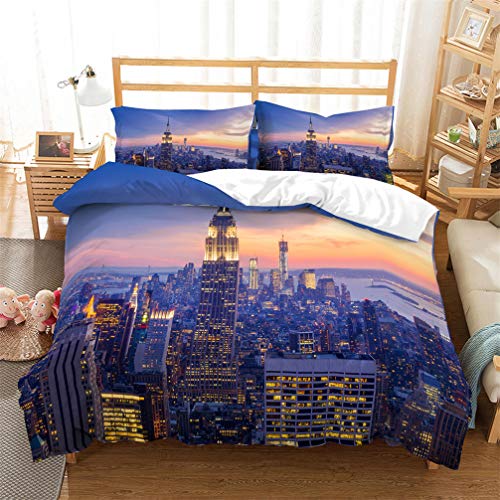 Stillshine Juego de Cama Funda nórdica Funda de Almohada 3D Ciudad Edificio Cielo Noche Paisajes Neón Impresión Hermoso Elegante Juegos de Funda nórdica (Nueva York,220x240 cm - Cama 150 cm)