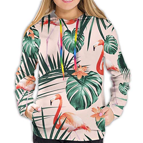 Sudadera con capucha para mujer, diseño de palmeras tropicales, flamencos, 3D, con bolsillo