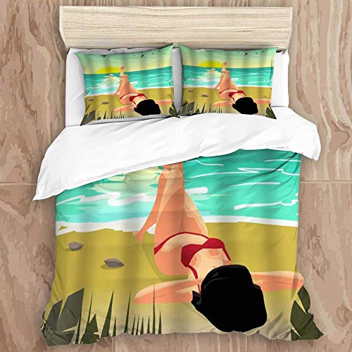 SUPERQIAO Juego de Funda nórdica, Summer Beach Palms Private Sunset Mujer en Bikini Rojo Tomando el Sol, Juego de Cama Decorativo de 3 Piezas con 2 Fundas de Almohada