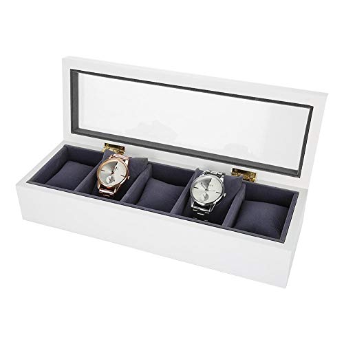 TMISHION Caja de Reloj, 5 Rejillas Estufado Barniz Caja de Almacenamiento de la Caja de exhibición del Reloj Reloj de la joyería Pulsera Pantalla de visualización Caja de la Tapa de Cristal(Blanco)