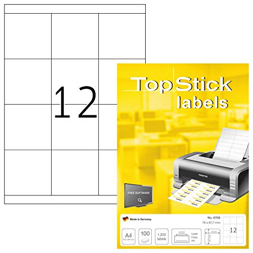 TopStick 8709 - Etiquetas autoadhesivas universales A4 (70 x 67,7 mm, papel) 100 hojas, 12 etiquetas por hoja, 1200 etiquetas, para impresoras inkjet y láser