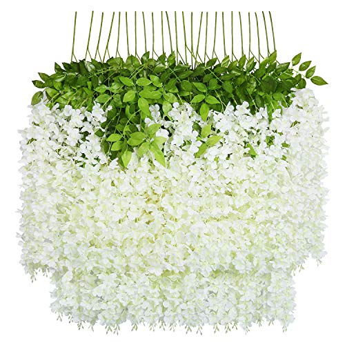 U'Artlines 24 piezas / orden 110cm por vid Flores Artificiales Falsa Wisteria Vine Flor de Seda Garland para Home Garden Party Decoración de Boda Simulación Flor (24 piezas/orden, Blanco)