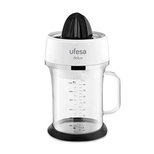 Ufesa EX4970- Exprimidor eléctrico con jarra de cristal de depósito 1,2L. Filtro de acero inoxidable, 2 conos de tamaño diferente y apto para lavavajillas. BPA Free