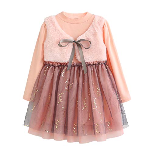 Vestido 2-6 Años Tutú para Bebé Malla Vestidos para Niña Princesa Infantil Falso Dos Piezas Falda Fiesta Lentejuelas Manga Larga Algodón Punto Lindo