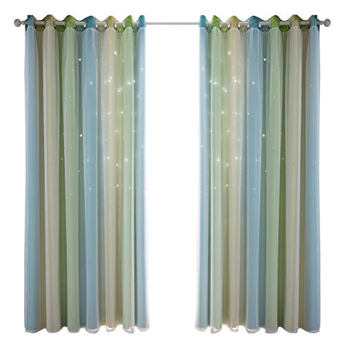 Wakauto 2 cortinas opacas a rayas y estrellas de doble capa con corte de estrella para niños, cortinas opacas para niñas, jóvenes, dormitorio, hogar, ventana (verde, 210 x 134 cm)