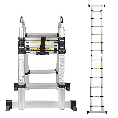 wolketon 3,8(1,9+1,9) M Escalera telescópica de Aluminio Fuerte Estabilidad Escalera plegable Escalera alta multifuncional para loft 6+6 Escalones Antideslizantes Carga 150 KG