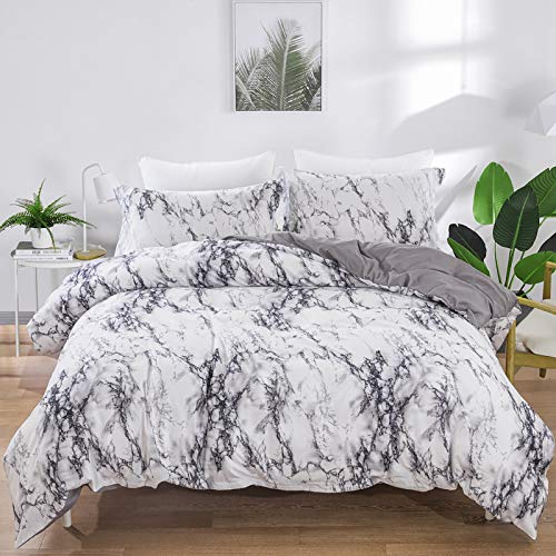 WONGS BEDDING Juego de Funda de edredón de mármol Juego de Cama con Funda de edredón de edredón Reversible Moderno en Blanco y Gris, con Cierre de Cremallera 135x200cm