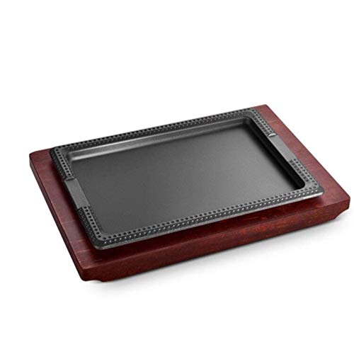 XinLuMing Pan para la Parrilla de Hierro Fundido, Placa Barbacoa bistec Rectangular Hecha cocción Fundido y Madera con fajita sirviendo Plato Carne (Color : Black)