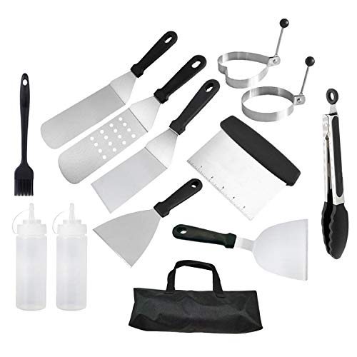 Yuning 13PCS Conjunto de espátula para Barbacoa,Juego de Espátula deAcero Inoxidable,con Bolsa de Transporte,Kit de Herramientas para Parrilla,Ideal para Cocinar la Parte Superior Plana o para Acampar