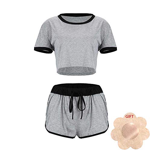 ZHANGNUO Pijamas De Mujer Pijama De Algodón Conjunto De Pijamas Femme Empalme Sólido Manga Corta Suelta Tops Cortos + Pantalones Cortos Ropa De Dormir Lady Pijamas M/Gris