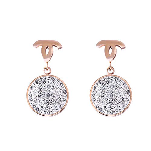 ZJL Simplicidad con Estilo Diamante Completo Doble c Pendientes de Oro Rosa Estufa de Acero de Titanio Oro Real Pendientes de Botón Hipoalergénicos Joyas