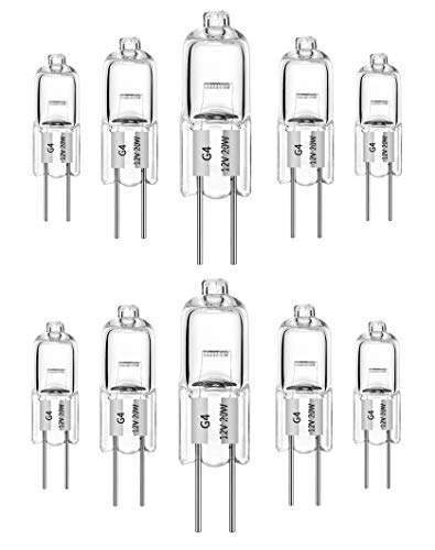 10 Piezas G4 Bombillas halógenas 20W 12V Blanco cálido 2700K Cápsula transparente regulable