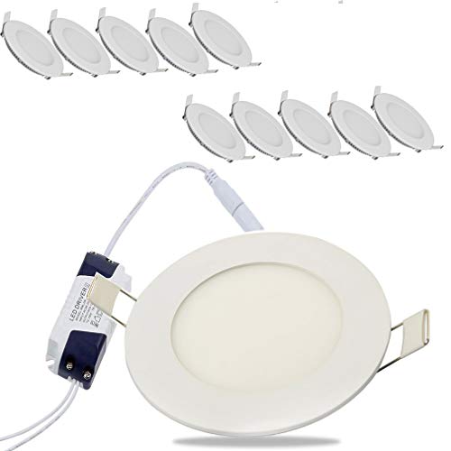 10 x 6 W I Ø 120 mm Lámpara de techo Foco LED empotrable y plano (Kit de 10 unidades) Plástico blanco Foco LED para Hogar, Oficina, Iluminación Comercia [Clase de eficiencia energética A++]