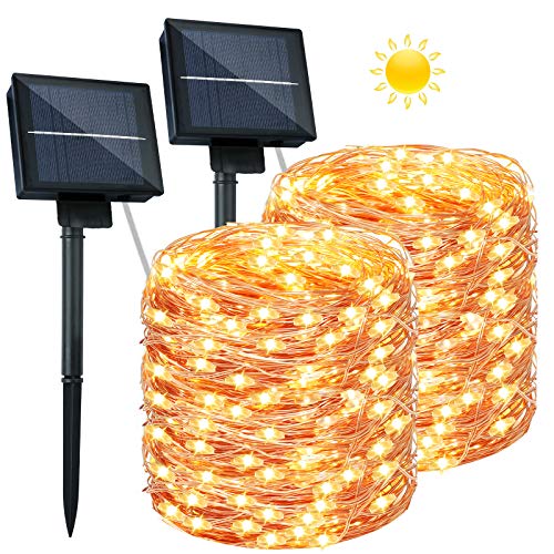 2 Guirnaldas Luces Exterior Solar - 26M 240 LED Cadena de Luces Impermeable IP65 8 Modos Guirnaldas de Luz Decorativas Decoración para Jardines, Navidad, Bodas,Fiestas, Patio, Arboles (Blanco Cálido)