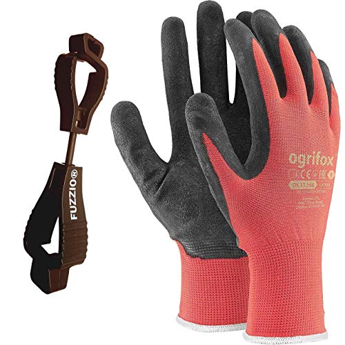 24 pares de guantes de trabajo recubiertos y porta clip para guantes FUZZIO® (M - 8, Rojo)