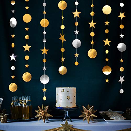 4 Pack estrellas con purpurina decoración circular cinta circular guirnalda de estrellas pancarta conjunto para colgar para el festival de Navidad bodas cumpleaños decoración de fiestas-Oro y plata