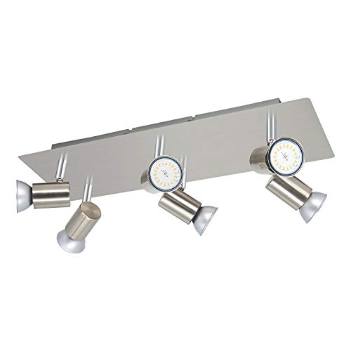 6 focos GU10 LED de techo de acero inoxidable cepillado, IP20, giratorios, 6 focos rectangulares, 230 V