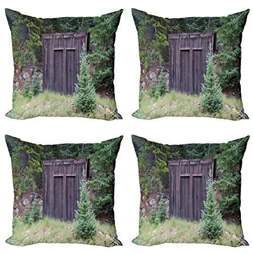 ABAKUHAUS Anexo Set de 4 Fundas para Cojín, Cottage en Forest Farm, Estampado Digital en Ambos Lados y Cremallera, 40 cm x 40 cm, Marrón Oscuro y Verde