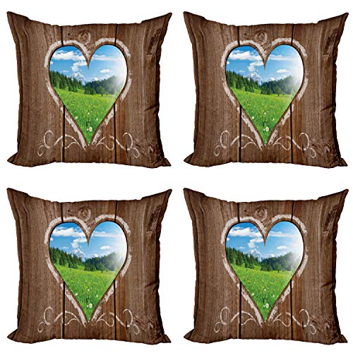 ABAKUHAUS Anexo Set de 4 Fundas para Cojín, Granja de la Tiza del corazón, Estampado Digital en Ambos Lados y Cremallera, 40 cm x 40 cm, Brown Azul y Verde