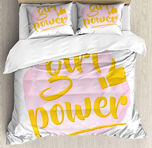 ABAKUHAUS Girl Power Funda Nórdica, Justicia Social Message, Estampado Lavable, 3 Piezas con 2 Fundas de Almohada, 230 cm x 220 cm, Rosa Amarillo pálido