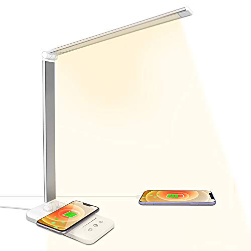 ACADGQ Lámpara Escritorio LED con Carga Inalámbrica, Flexo de Escritorio Cuidado de ojos, Lámpara de Mesa USB 5 Modos 10 Niveles de Brillo, Luz Escritorio Control Táctil para Leer, Estudiar, Oficina