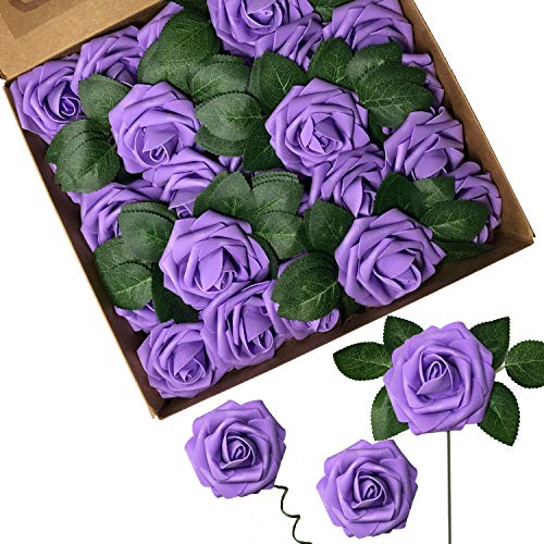 ACDE 25 Piezas Rosas Artificiales, Flores Artificiales Rosa Espuma con Hoja y Vástago Ajustable para Bricolaje Ramos de Boda Decoraciones para el Hogar Nupciales(Morado)