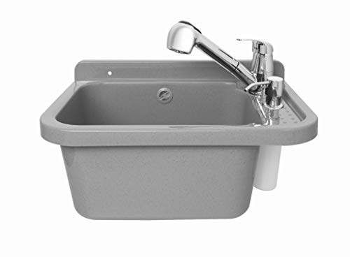 ADGO House Fregadero + Dispensador de batería con kit de montaje Garaje Jardín Baño Granja Exterior Industrial (60 cm, Gris)