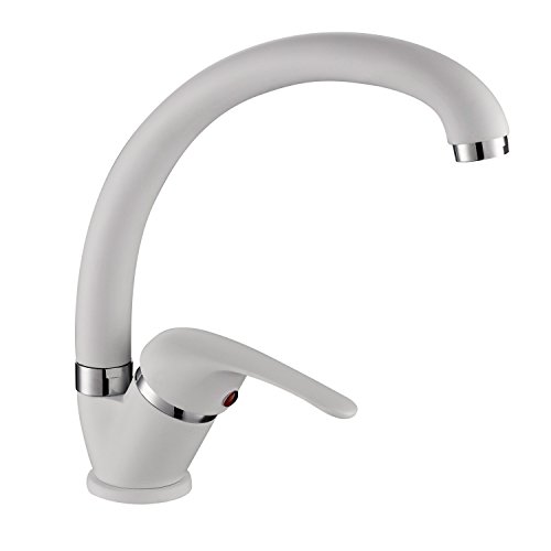 ambrosiana SEI1406WHI - Grifo mezclador para fregadero de cocina/lavandería con caña alta Serie Seis de latón color blanco con aireador de ahorro de agua