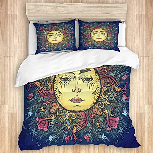 AMIGGOO Ropa de Cama de Microfibra Juegos de Funda nórdica,estilizado Rostro Humano Amapolas Rojas y campanillas Dibujo a Mano de Estilo gótico Medieval,con 2 Funda de Almohada 240 x 260cm Super King