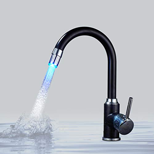 AuraLum LED Grifo para Cocina con Control de Temperatura de 3 Colores Giratorio de 360° Grifo Monomando con Forma de U Grifo para Fregadero de Agua Fría y Caliente para Cocina y Baño, Negro Cromado