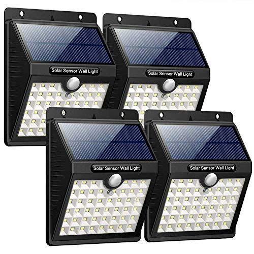 Bakaji Juego de 4 lámparas de carga solar con 46 LED exteriores con sensor de movimiento PIR luz blanca 6500 K alta luminosidad 200 lm foco jardín iluminación de seguridad focos solares IP44