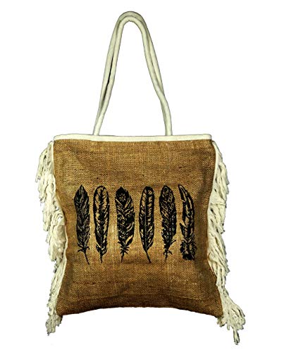 Bali PAPAYA - Bolso de mano con cesta, tela de yute, estilo étnico, vintage, artesanal, forrado bohemio para mujer, ecológico, natural y plumas