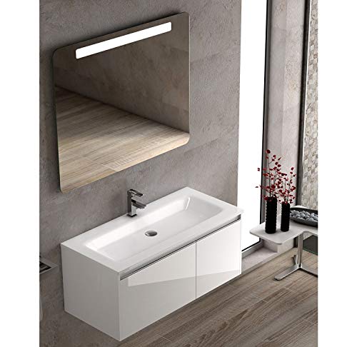 Becrisa Mueble de Baño con Lavabo Blanco Sky | Suspendido para Colgar | Lavabo Carga Mineral Incluido | Cierre amortiguado | (Blanco, 100 cm)