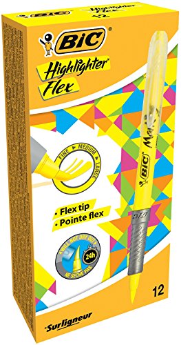 BIC Highlighter Flex Marcadores Punta Flexible – Amarillo, Caja de 12 unidades