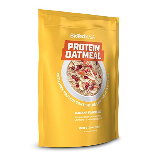 BioTechUSA Protein Oatmeal Comida funcional, rico en proteína y fibra de avena, con trozos de frutas secas, 1 kg, Banana